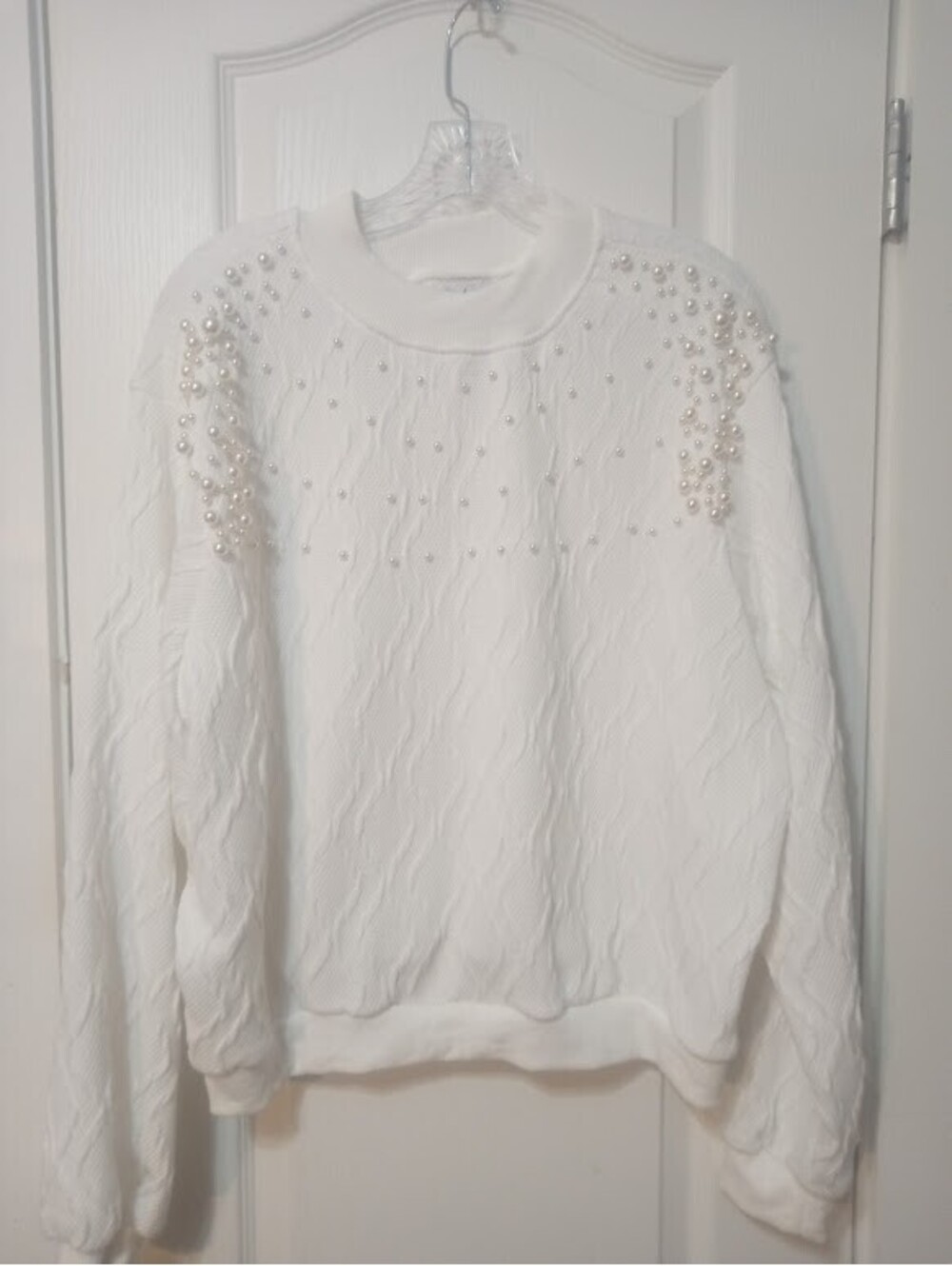 White Pearl-Beaded Knit Sweater XL